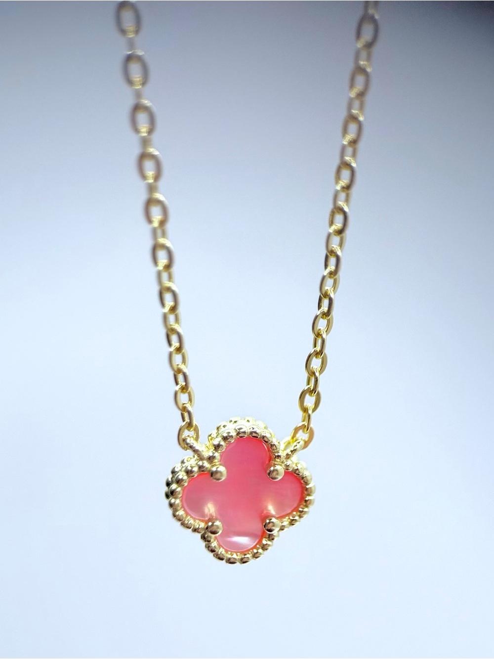 VCA‑Inspired Clover Pendant Necklace • Gold Tone • Pink Inlay